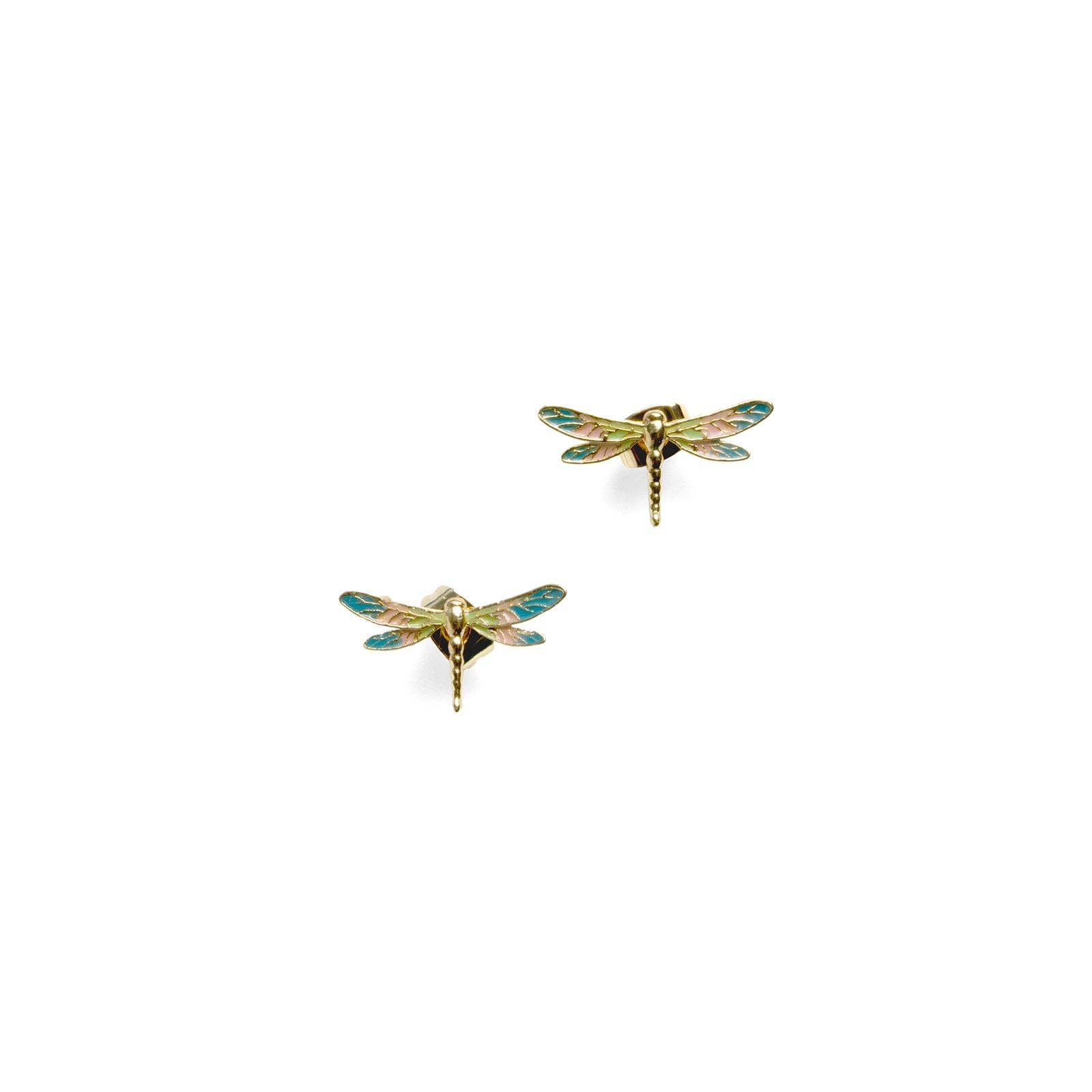 Emaille Libelle Oorknopjes van Bill Skinner - verguld gouden oorknopjes met blauwgroene libelle