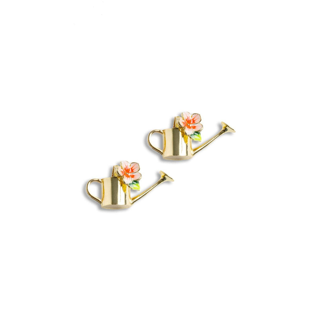 Gieter Studs van Bill Skinner - verguld gouden oorstekers in gieter-vorm met handgeschilderd bloempje